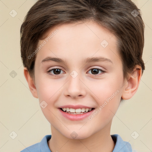 Joyful white child female with short  brown hair and brown eyes