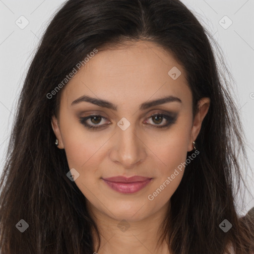 Joyful latino young-adult female with long  brown hair and brown eyes