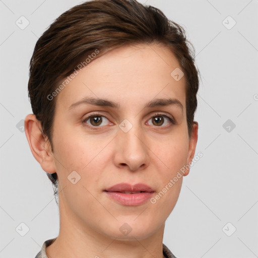 Joyful white young-adult female with short  brown hair and grey eyes