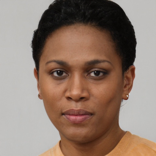 Neutral black young-adult female with short  black hair and brown eyes