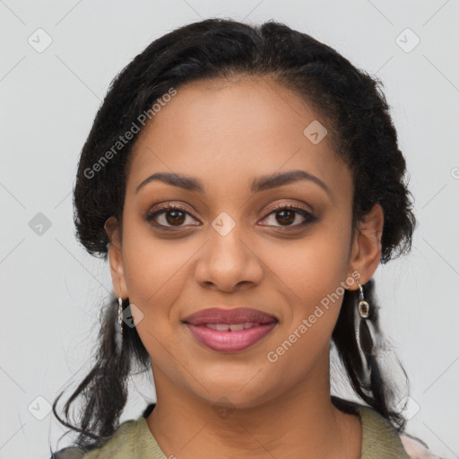 Joyful latino young-adult female with medium  black hair and brown eyes