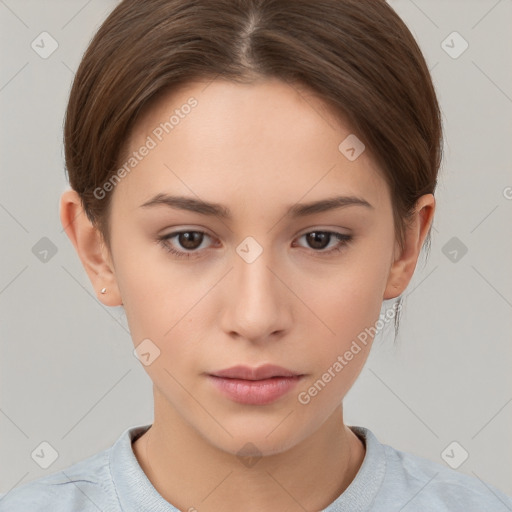 Neutral white young-adult female with short  brown hair and brown eyes