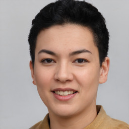 Joyful asian young-adult female with short  black hair and brown eyes