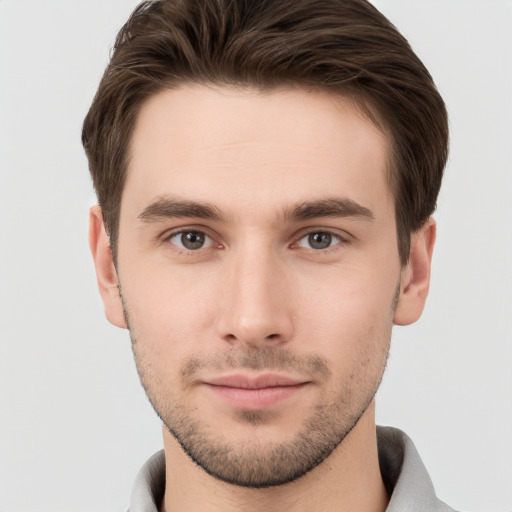 Neutral white young-adult male with short  brown hair and brown eyes