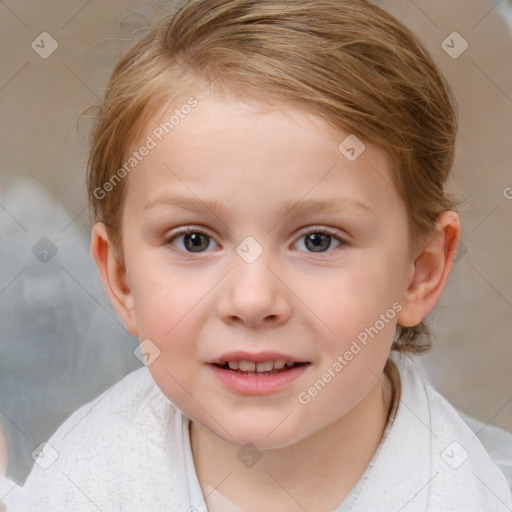 Joyful white child female with medium  brown hair and blue eyes