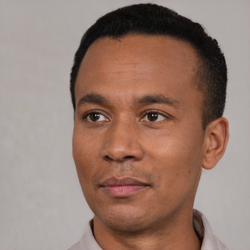 Joyful black adult male with short  black hair and brown eyes