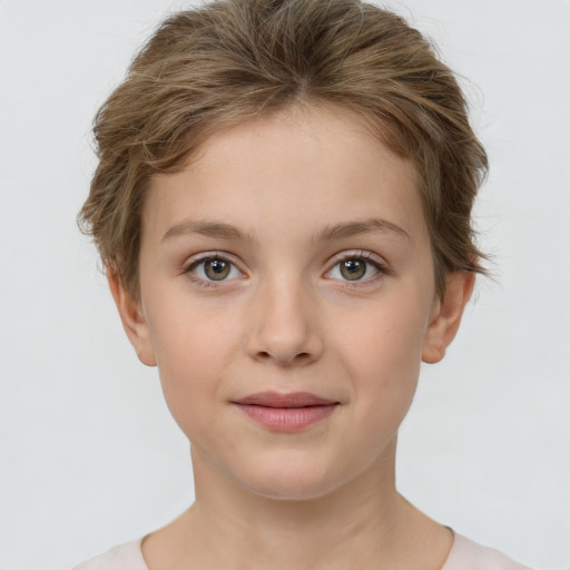 Joyful white child female with short  brown hair and brown eyes