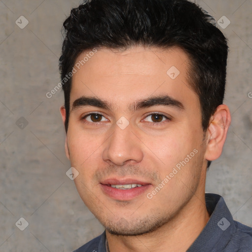 Joyful white young-adult male with short  black hair and brown eyes