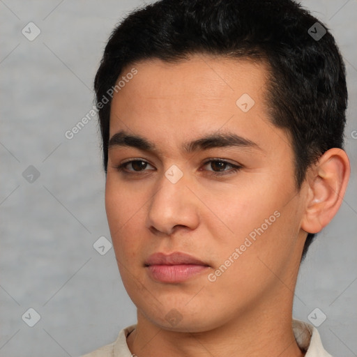 Neutral latino young-adult male with short  black hair and brown eyes