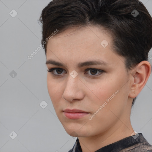 Neutral white young-adult female with short  brown hair and brown eyes