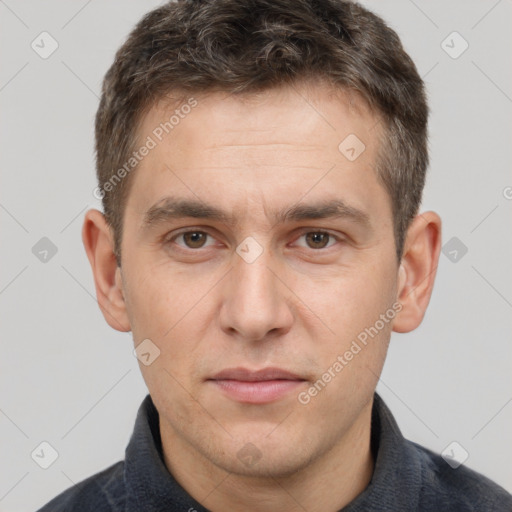 Neutral white adult male with short  brown hair and brown eyes