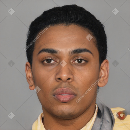 Neutral latino young-adult male with short  black hair and brown eyes