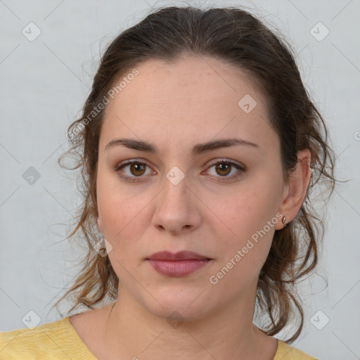 Neutral white young-adult female with medium  brown hair and brown eyes