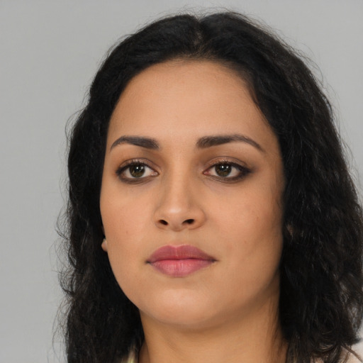 Neutral latino young-adult female with long  black hair and brown eyes