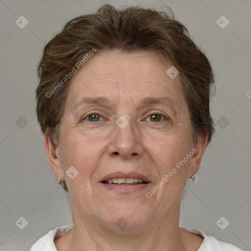 Joyful white middle-aged female with short  brown hair and brown eyes