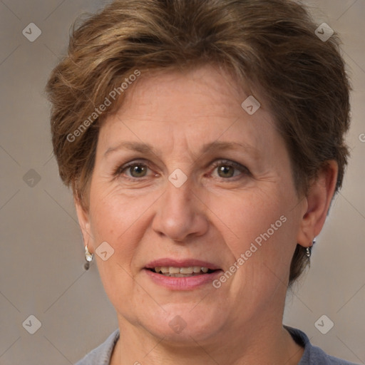 Joyful white adult female with short  brown hair and brown eyes