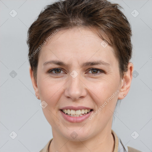 Joyful white young-adult female with short  brown hair and brown eyes