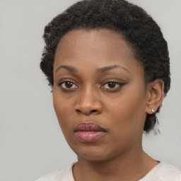 Neutral black young-adult female with short  black hair and brown eyes