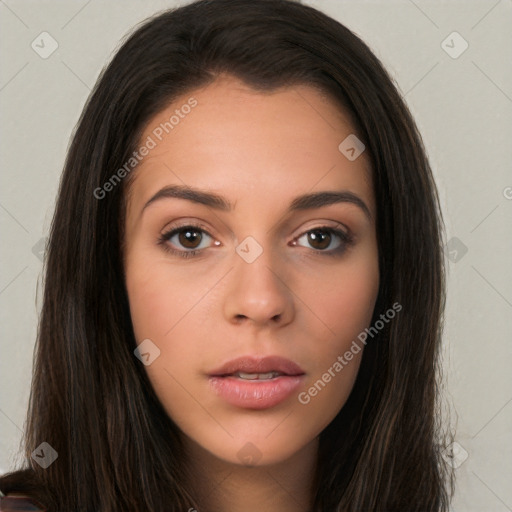 Neutral white young-adult female with long  brown hair and brown eyes