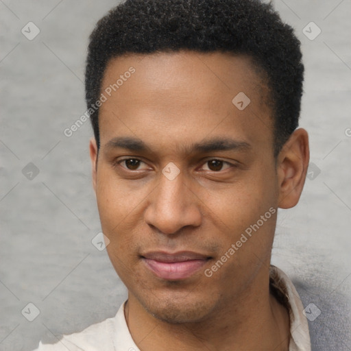 Joyful latino young-adult male with short  brown hair and brown eyes