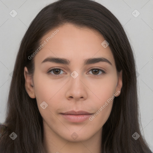 Neutral white young-adult female with long  brown hair and brown eyes