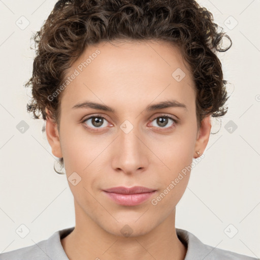 Neutral white young-adult female with short  brown hair and brown eyes