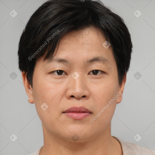 Neutral asian young-adult male with short  brown hair and brown eyes