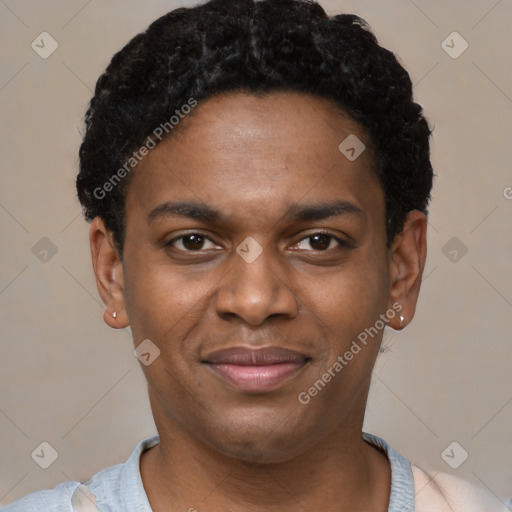 Joyful latino young-adult male with short  brown hair and brown eyes