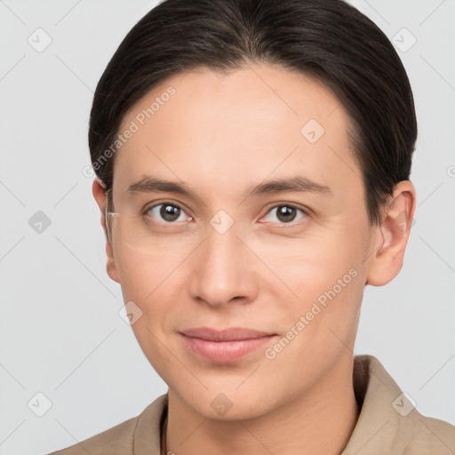 Joyful white young-adult female with short  brown hair and brown eyes