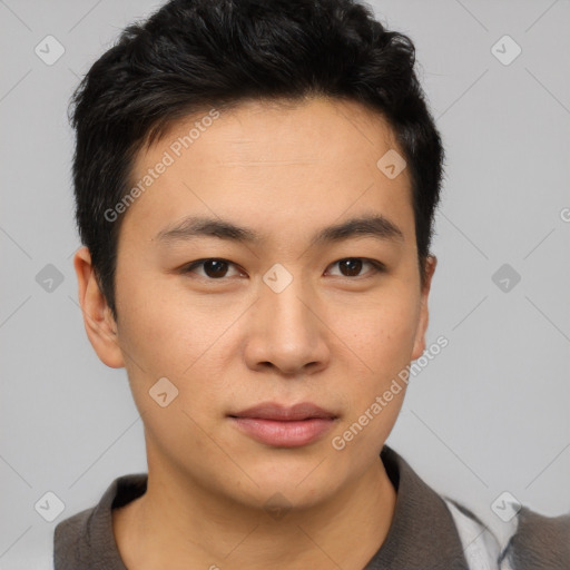 Neutral asian young-adult male with short  brown hair and brown eyes