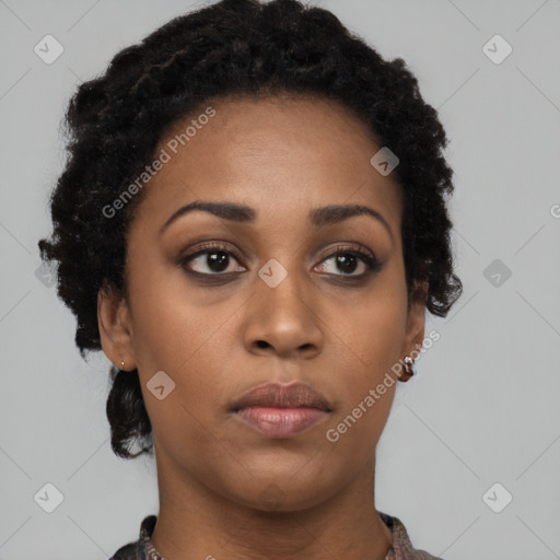 Neutral black young-adult female with short  black hair and brown eyes