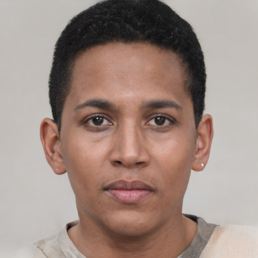 Neutral black young-adult male with short  black hair and brown eyes