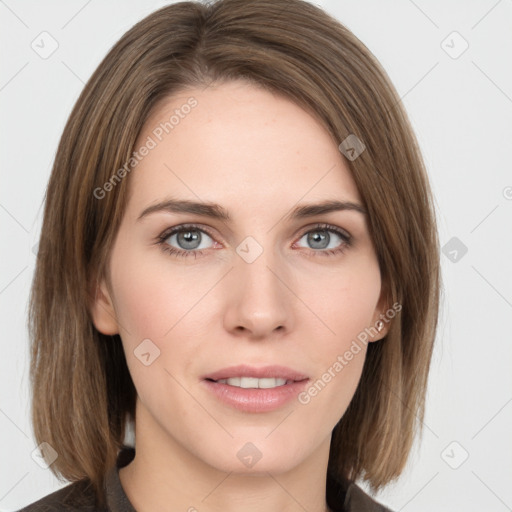 Neutral white young-adult female with medium  brown hair and grey eyes