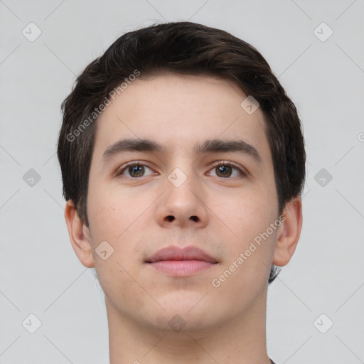 Neutral white young-adult male with short  brown hair and brown eyes