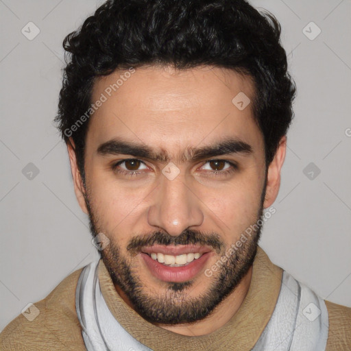 Joyful white young-adult male with short  black hair and brown eyes