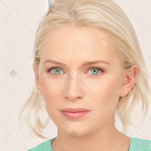 Joyful white young-adult female with medium  brown hair and blue eyes