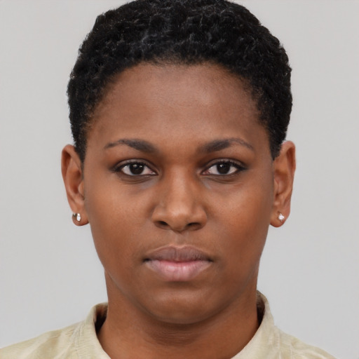 Neutral black young-adult female with short  brown hair and brown eyes
