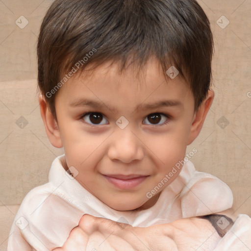 Joyful white child male with short  brown hair and brown eyes