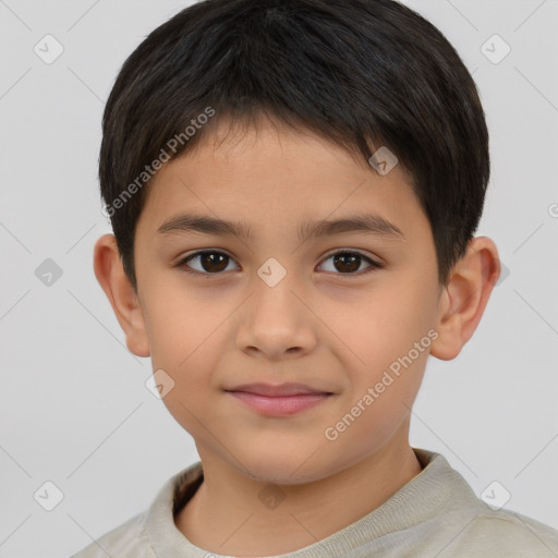 Joyful white child male with short  brown hair and brown eyes