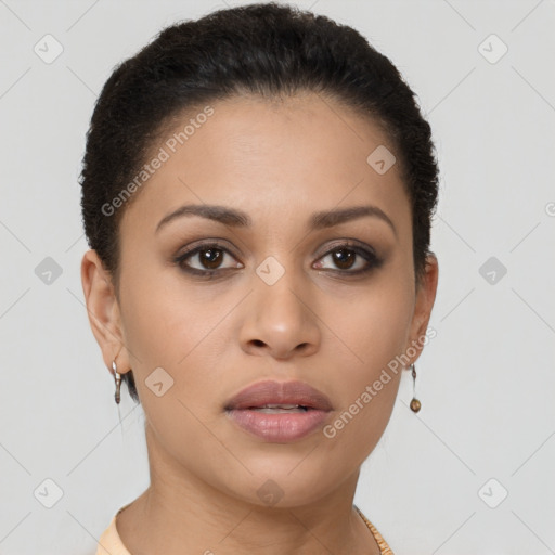 Joyful latino young-adult female with long  brown hair and brown eyes