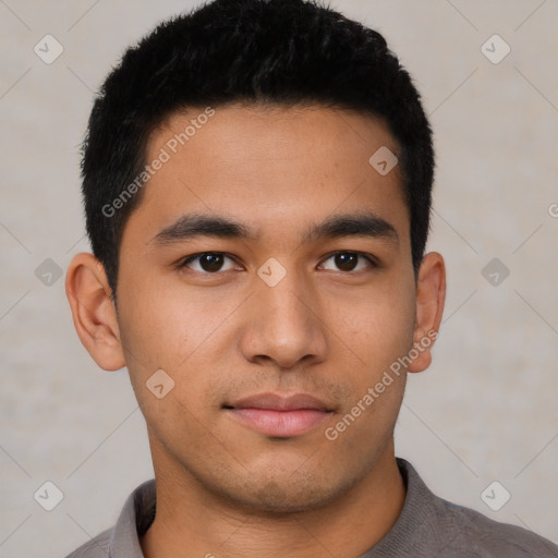 Neutral latino young-adult male with short  black hair and brown eyes