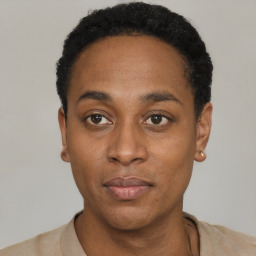 Neutral black young-adult female with short  black hair and brown eyes