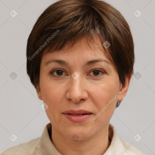 Joyful white adult female with short  brown hair and brown eyes