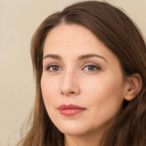 Neutral white young-adult female with long  brown hair and grey eyes