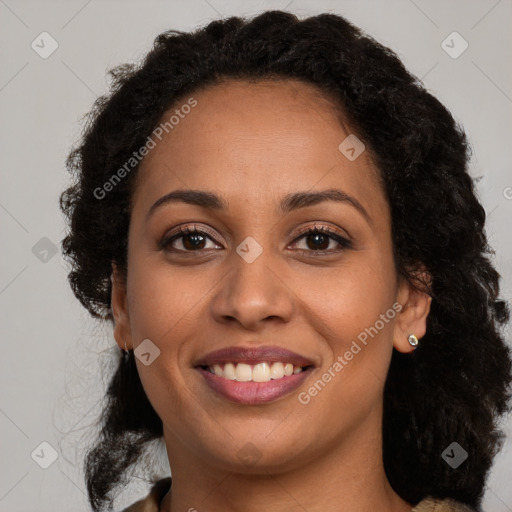 Joyful latino young-adult female with long  brown hair and brown eyes