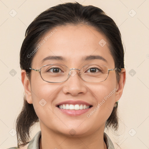 Joyful white young-adult female with medium  brown hair and brown eyes