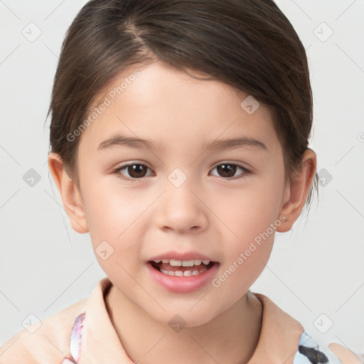 Joyful white child female with short  brown hair and brown eyes