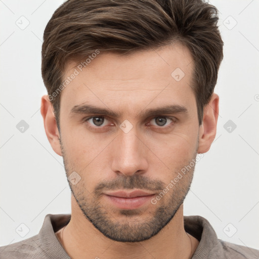 Neutral white young-adult male with short  brown hair and brown eyes