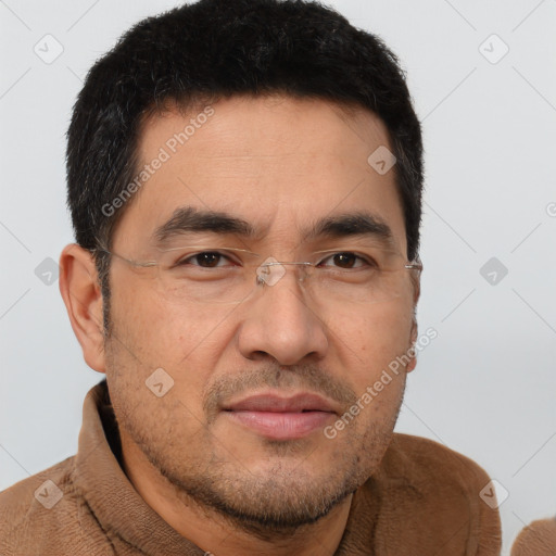 Joyful asian adult male with short  brown hair and brown eyes