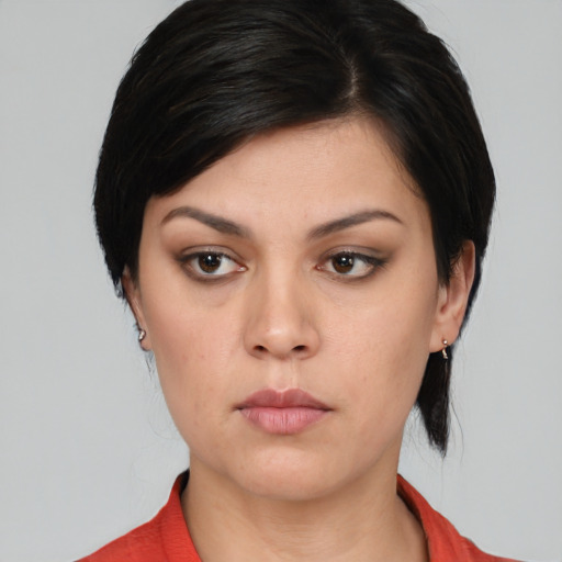 Neutral asian young-adult female with medium  black hair and brown eyes